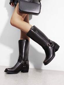 Dream Pairs Women's Motorcycle Boots Fashion Casual Slip-On Buckle Square Toe , Western Boots Chunky Heel  Autumn & Winter Tall Boots,Knee High Boots , Mid-Calf Boots For Festival Go With Dress Rust Brown - 鏽棕色 - 查看 1