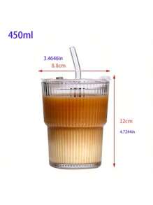 1pc Summer Fashion Striped Glass Water Cup, Reusable Beverage Glass With/Without Lid, Thickened Glass Suitable For Iced Coffee, Smoothie, Cocktail And Juice, Elegant And Durable Drinkware