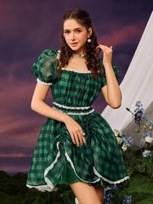 Faeriesty Dreamy Vintage-Chic Bubble Sleeve Plaid Dress With Lace Trim Neckline, Waist, And Hem, Adjustable Drawstring Hem – Perfect For Spring/Summer Garden Parties, Casual Outings, And Elegant Events (Boho-Romantic Style, Vibrant Plaid Fabric, Flowy Ruffles, Seasonless Versatility) Summer Dress Spring Clothes