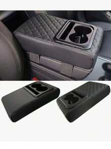 1PC Car Center Console Armrest Pillow With Cup Holder, Leather Middle Console Protection Cushion With Phone Holder, Memory Foam Auto Arm Rest Box Cover, Universal Vehicle Accessories (Textures)