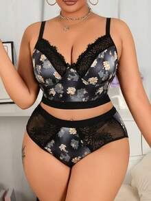 2pcs Plus Size Women Lingerie Set, Black Lace Patchwork, Floral Print, Ombre Color Blocking Design, Wireless Soft Milk Silk Material, Adjustable Strap, Bow Accent, Suitable For Dating, Party, Anniversary Wear, All Season - Black - View 1