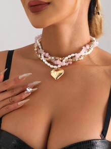 1pc Raspberry Pink Natural Stone Baroque Pearl Multi-Layered Necklace, Elegant Fashion Heart Shaped Pendant Necklace For Women, Suitable For Party, Vacation, Casual Occasions