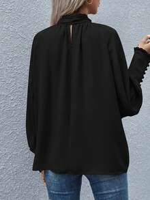 Women's Elegant Solid Color Ruffle Trim Lantern Sleeve Loose Blouse, Suitable For Daily, Office, Commuting Wear - Black - View 2
