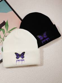 Street 2pcs Butterfly Print Beanie - Black and White - View 1
