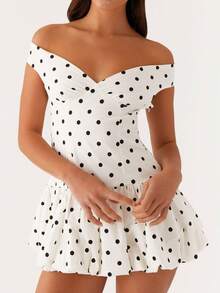 Women's Summer .Y V Neck Off Shoulder Mini Bubble Dresses Backless Puffy Hem Soild/Polka Dot Short Dress - Đen và trắng - Xem 3