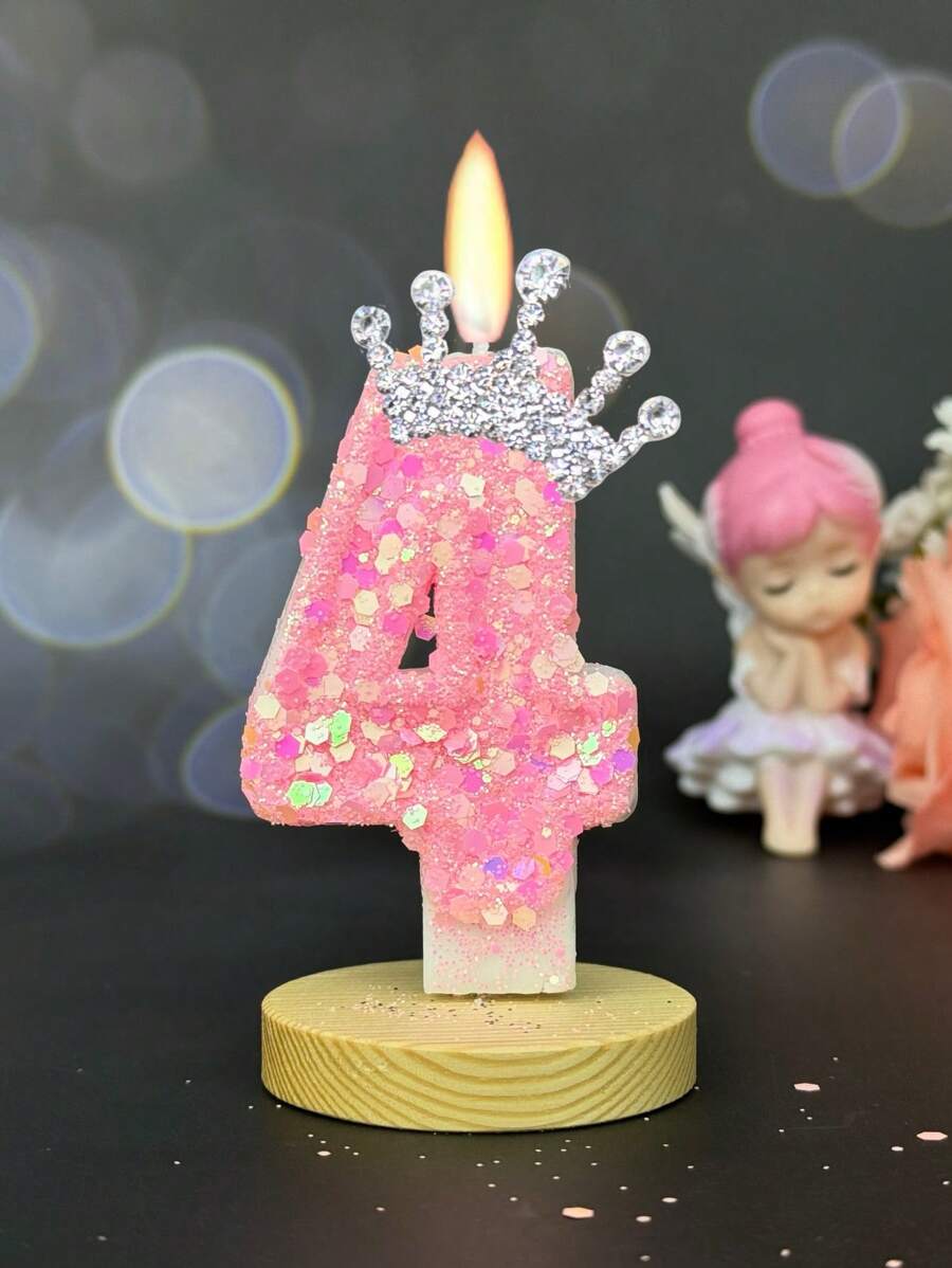 1pc Pink Crown C Hildren's Birthday Candles, 0-9 Number Candle For Cake Topper, Handcraft Glitter Candle For Party Supplies, Crown Theme Pink Glitter Creative Number 0-9 Candles For Princess Female Party Birthday Wedding Anniversary Celebration Supplies Gifts Graduation