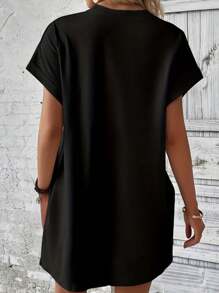 Loose-Fitting Summer Dress For Women By GUEESS With Los Angeles Letter Pattern, Round Neck, Short Sleeves, Pocket, Comfortable And Casual In Plus Size