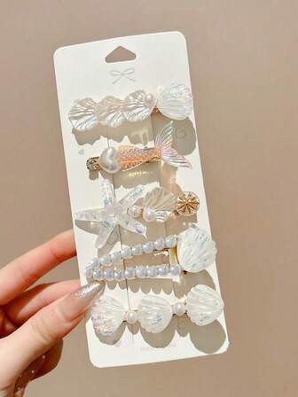 5pcs Starfish & Shell Mermaid Hair Clips, Ocean Themed Barrettes, Romantic Fantasy Design For Daily Use ,Hair Accessory, Claw Clips, Alligator Hair Clip, Hair Slide, Hair Claws, School Stuff, Hair Accerssories