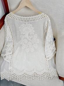 Blusa con cuello en V hueco, de manga media, de encaje francés tejido a ganchillo, top de manga 3/4 de alta gama para mujeres, de verano