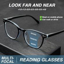 1 pieza Gafas de lectura vintage con marco redondo multifocales, gafas de 2 en 1 para visión lejana y cercana, con diseño de marco pequeño y redondo con remaches, de alta calidad con varillas de metal con muelles, de moda unisex para lectores multifocales - polvo negro - Ver 6