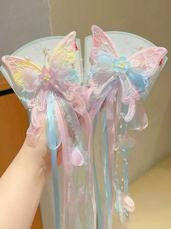 1pc Children's Ethereal Butterfly Flower Hair Clip, Ombre Embroidered Butterfly Long Tassel Decor, Suitable For Daily Wear And Holiday Parties (Random Card Included)