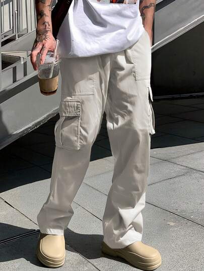 Pantalones cargo livianos informales de ajuste relajado con cordón en la cintura y múltiples bolsillos, versátiles para primavera/verano, para hombres