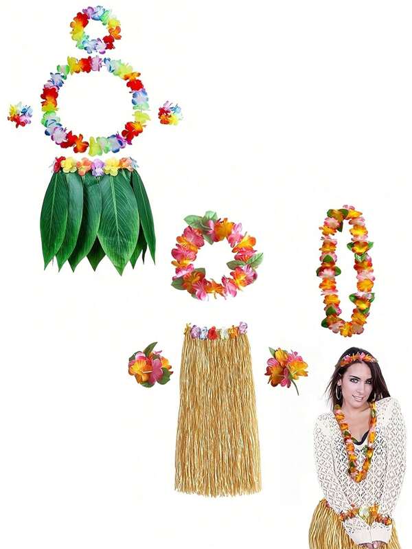 Conjunto de falda de hierba hawaiana, conjunto de falda de hierba y guirnalda hawaiana para adultos, disfraz de fiesta hawaiana, ropa casual hawaiana, suministros para fiestas tropicales hawaianas, baile de graduación