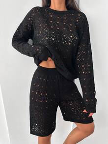2pcs Set Solid Color Casual Hollow Out Long Sleeve Top And Shorts - Black - View 3