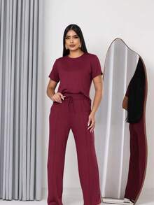 Women's Comfort Casual Sweatsuit Set - 酒紅色 - 查看 1