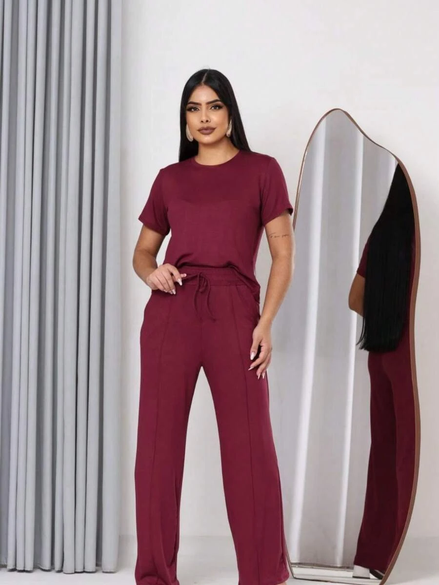 Women's Comfort Casual Sweatsuit Set - 酒紅色 - 查看 1