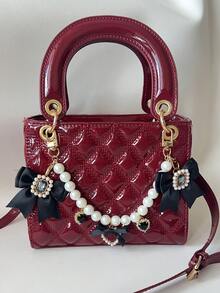 酒红色手提包，时尚 PU 皮革漆面刺绣包，手提包，配有吊坠，多功能漆面菱形手提包，结构化小包，单肩斜挎包，几何图案钱包 - 酒紅色 - 查看 2