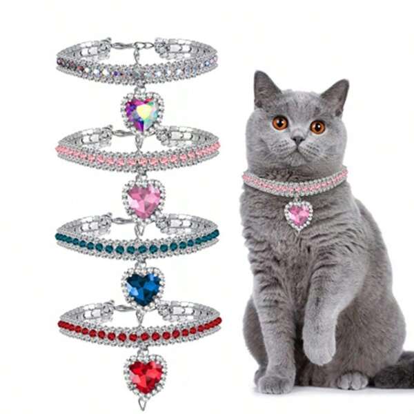 4pcs Heart & Waterdrop Rhinestone Cat Collar Necklace, Pet Dog Jewelry Necklace Collar