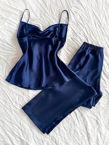 2pcs Women Sleepwear Set, Solid Color Thin Silk Cooling Satin Soft Comfortable Elegant Sexy Scoop Neck Camisole & Long Pants Homewear Suit, Autumn/Winter - Navy Blue - View 3