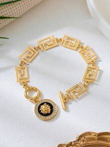 1pc Retro Zinc Alloy Geometric Pattern Rhinestone Inlaid Lion Head Pendant, Suitable For Women Anklet, Bracelet, Necklace, Earrings, Casual Beach Holiday Wear - Yellow Gold - View 16