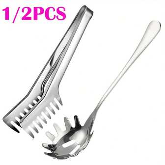 1/2 件套不锈钢齿状意面勺、大号意面夹、9.5 英寸意面叉，配有舒适手柄，符合人体工程学设计，适用于厨房，可用洗碗机清洗（银色）