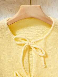 [Tops] Butter Yellow Knotted Long Sleeve Cardigan - Minimalism, Office Wear, Vintage, Simple, French Style. Women's Solid Color Knitted Cardigan Sweater, Can Be Worn Over Blouses, Plus Size Cute Open Cardigan - Yellow - View 4