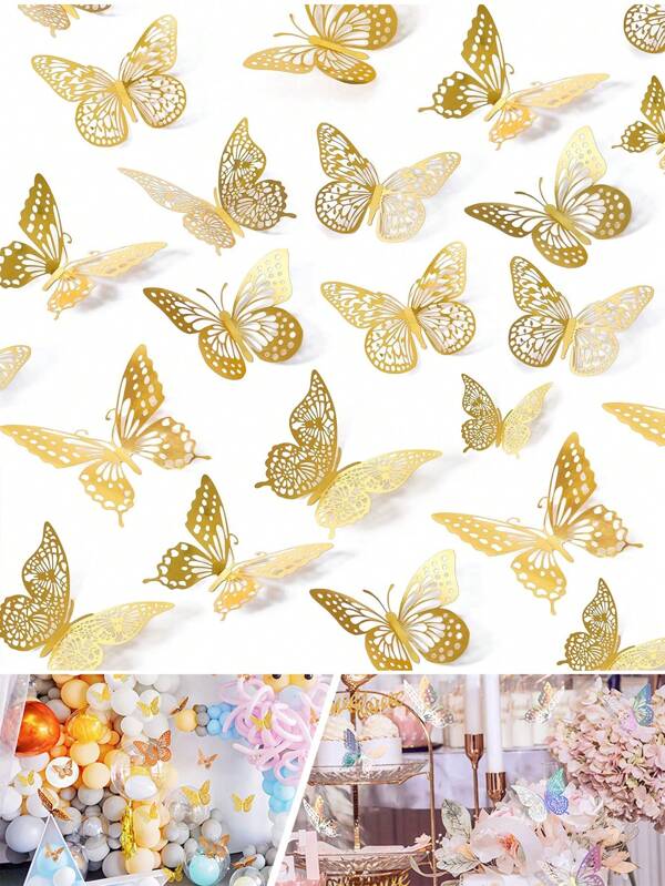 60 Stück/48 Stück/12 Stück 3D Schmetterling Wanddekoration, 4 Stile, 3 Größen, Schmetterling Geburtstagsdekoration, Schmetterling Party Dekoration, Tortendekoration, Kinderzimmer Dekoration, abnehmbare Aufkleber, (Gold)