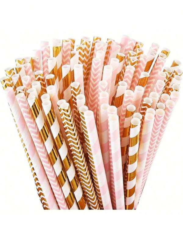 100pcs Paper Straws, Pink/Gold Straws, For Party Supplies, Birthday, Wedding, Christmas Decoration And Holiday Celebrations