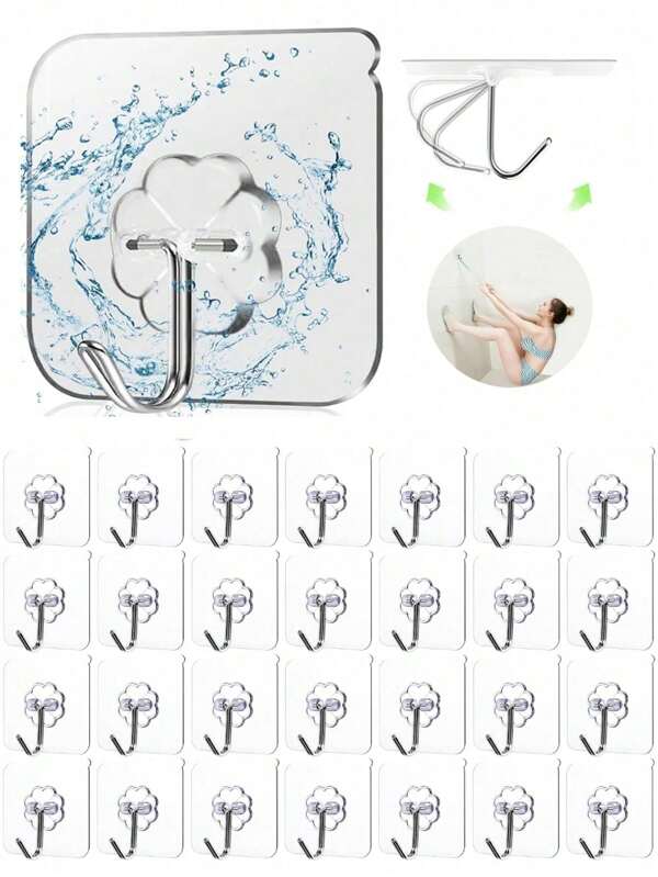 100pcs Acrylic Adhesive Wall Hooks Without Drilling Holes, Multi-Functional Stainless Steel Hanging Storage Rack, Suitable For Home Room Wall Cabinets, Kitchen, Bathroom, Bedroom And Office Door Hooks - Strong Grip, No Marks, Easy To Install