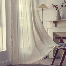 Boho Curtains 84 Inches Long Bedroom, Taupe Cotton Linen White Stripes Embroidery, Chic Hollow Geometric, Semi Blackout Window Vintage Drape With Tassels, 1 Panel W52 X L84, Fashionable Home Decor - 象牙 - 查看 9