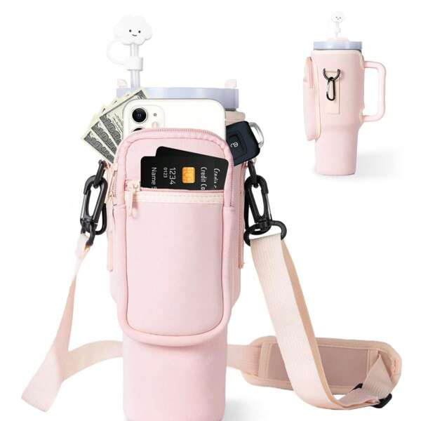 1set 40 Oz Case With Adjustable Shoulder Strap And Straw Hat Accessories,Double Storage Bag, Compatible With Stanley 40oz 30oz Tumbler,Neoprene Bottle Sleeve Pouch With Adjustable Shoulder Strap, Cup Accessory For Outdoor Activities, Office, Travel, Gifts, Sportss, Carry-On Bottle Accessory