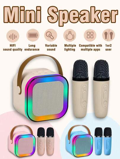 1 Set Of Wireless Microphone Speaker Set National K Song Home Interactive Audio Family Party Outdoor Mini Portable KTV Singing Multi-Function Plug-In External Speaker And Plug-In Card One-Click To Eliminate The Original Sound With Breathing Light