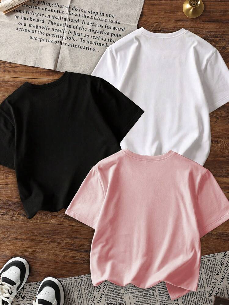 3件套少女休闲碎花圆领短袖T恤，夏季学生少女装 - 时尚T恤为每个孩子带来快乐和幸福！情人节 - 粉色 - 查看 8