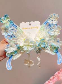 2 buc agrafe de păr cu fundă mare din șifon pentru copii, agrafe de păr cu ciucuri și perle florale fantezie, potrivite pentru petreceri și ieșiri zilnice (fără card)