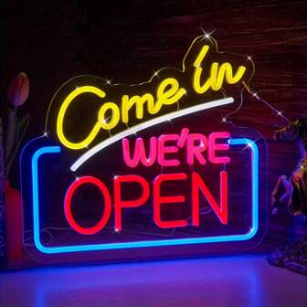 USB Powered LED Neon Sign For Wall Decor - "Come In We're Open" Illuminated Display For Cafe, Bar, Restaurant, Retail Store, Party, Pub, Shop Decoration - Wall Hanging, Non-Dimmable, Switch Control, No Battery Required, Single Color Plastic Material, Versatile Use