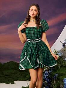 Faeriesty Dreamy Vintage-Chic Bubble Sleeve Plaid Dress With Lace Trim Neckline, Waist, And Hem, Adjustable Drawstring Hem – Perfect For Spring/Summer Garden Parties, Casual Outings, And Elegant Events (Boho-Romantic Style, Vibrant Plaid Fabric, Flowy Ruffles, Seasonless Versatility) Summer Dress Spring Clothes