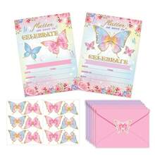 25pcs Assorted Pink & Blue Color Butterfly Greeting Card & Stickers Set, Birthday Party Invitation Card Set Includes 2 Types Of Cards, 2 Types Of Envelopes, & 5pcs Stickers Each