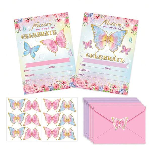 25 pezzi Set di biglietti di auguri e adesivi assortiti di colore rosa e blu a tema farfalla, set di inviti per feste di compleanno che include 2 tipi di biglietti, 2 tipi di buste e 5 adesivi ciascuno