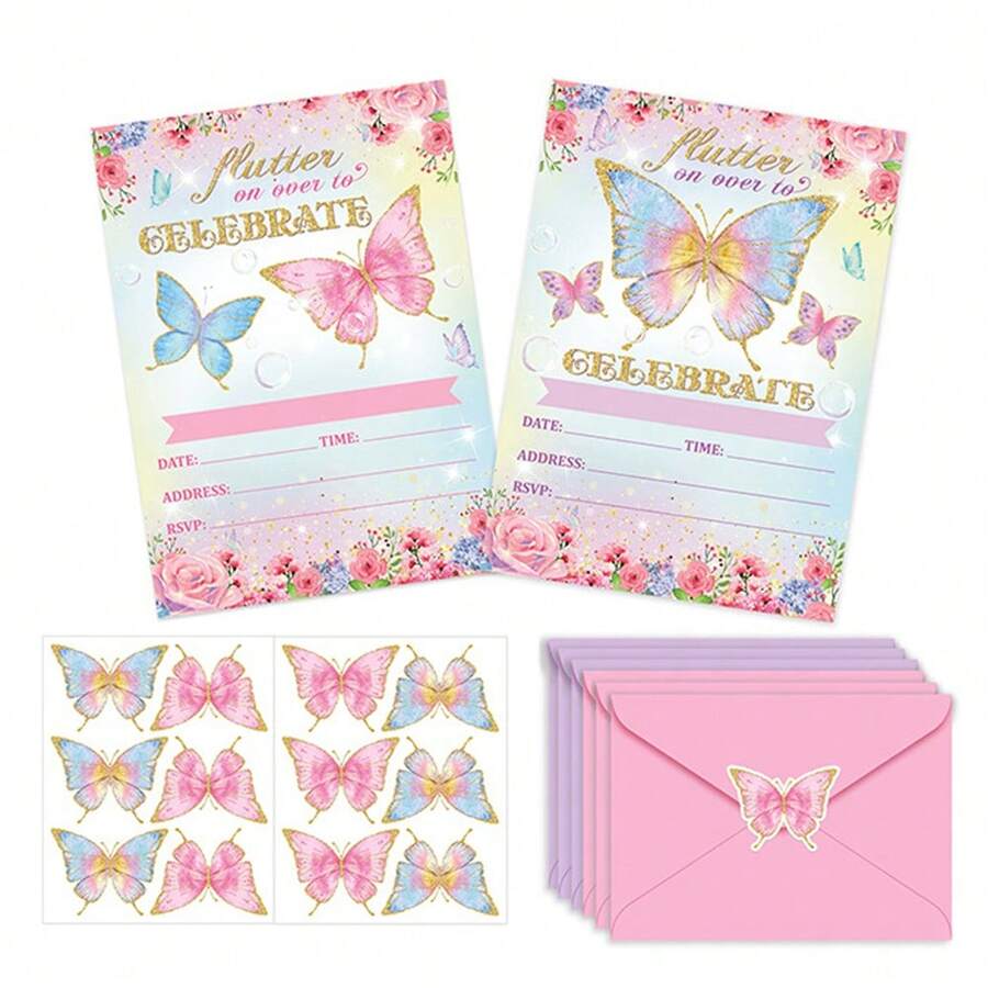 25pcs Assorted Pink & Blue Color Butterfly Greeting Card & Stickers Set, Birthday Party Invitation Card Set Includes 2 Types Of Cards, 2 Types Of Envelopes, & 5pcs Stickers Each