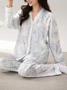 两件套女士开襟V领睡衣长袖上衣和长裤睡衣套装，亲肤家居服，春秋冬装 - 淺藍色 - 查看 3