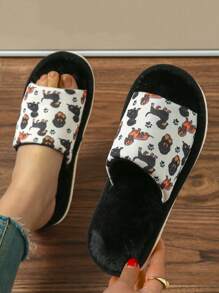 Chinelos Planos Deslizantes Abertos com Padrão de Cachorro Dachshund de Desenho Animado Fofo para Mulheres, Chinelos Casuais Internos para Quarto, Outono/Inverno