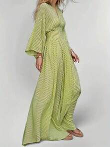 HERTALK Women's Elegance Geometric Printing V-Neck Long Sleeves Maxi Dress, Tassel Hem - Bright Yellow, Loose Fit, Suitable For Cocktail Parties And Casual Outings, Spring And Summer Wear|Loose Fit Dress|Polyester Fabric, Cute Dress - 黃色 - 查看 3