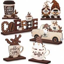 6pcs Set 2D Thicker Wooden Coffee Bar Decor Signs - Coffee Bar Accessories, Farmhouse Daily, Rustic Dining Table Center Piece, Suitable For Home Kitchen Decor In Multiple Rooms