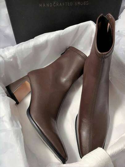 Botas de tobillo con parches en marrón para mujer, tacón alto y grueso con cremallera trasera y punta cuadrada, nueva versión coreana de botas elásticas delgadas para el invierno, elegantes