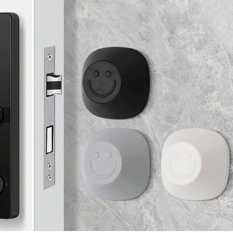 2pcs Smiling Face Silicone Door Stopper, Wall Protector, Self-Adhesive Soundproof Anti-Collision Door Handle Lock Cover For Refrigerator, Available In Black, White And Gray