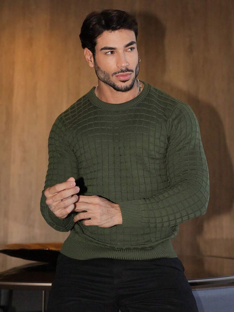 Men's Knitted Sweater Long Sleeve Solid Color Autumn Winter Chic Elegant - xanh quân đội - Xem 1