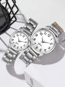 2 件时尚商务休闲男女情侣手表，多功能圆形数字表盘钢表带石英表，情侣情人节礼物套装，适合节日、派对、婚礼、返校季、圣诞节、感恩节、万圣节、复活节等。