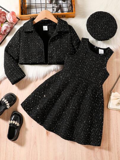 3Pcs Girls Spring/Autumn Fashion Set: Collared Long Sleeve Cropped Cardigan, Glitter Waist Tie Off-Shoulder Dress, Matching Hat. Suitable For Casual Outings, Parties, Performances, Elegant And Graceful Girls Clothing