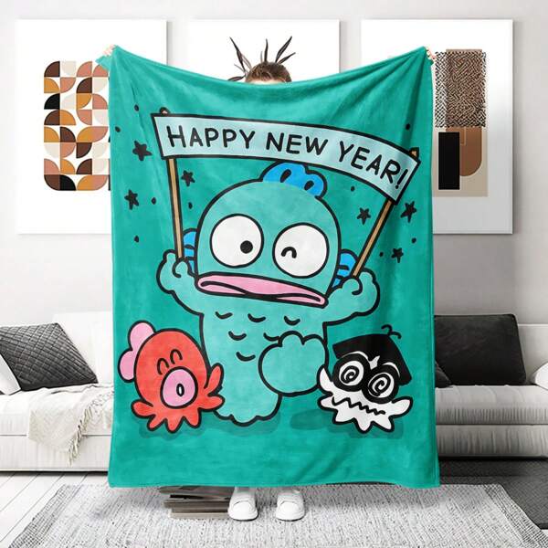 Sanrio 1 cobertor de anime azul-petróleo com estampa de peixe-palhaço - lã de poliéster tricotada, estampa digital moderna, tema de desenho animado, gatinho Sanrio, cobertor confortável para decoração de casa em todas as estações, lavável à máquina
