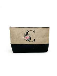 1 set, Bolso de mano tipo tote con estampado de flores con inicial A y correas para el hombro & Set de bolsas de maquillaje con iniciales de la A a la Z, bolso de regalo personalizado con bolsillos laterales, bolso de playa con pañuelo, bolsos de almacenamiento portátiles y de ocio, bolsas de compras multifuncionales, bolsa de almacenamiento simple para viajes
